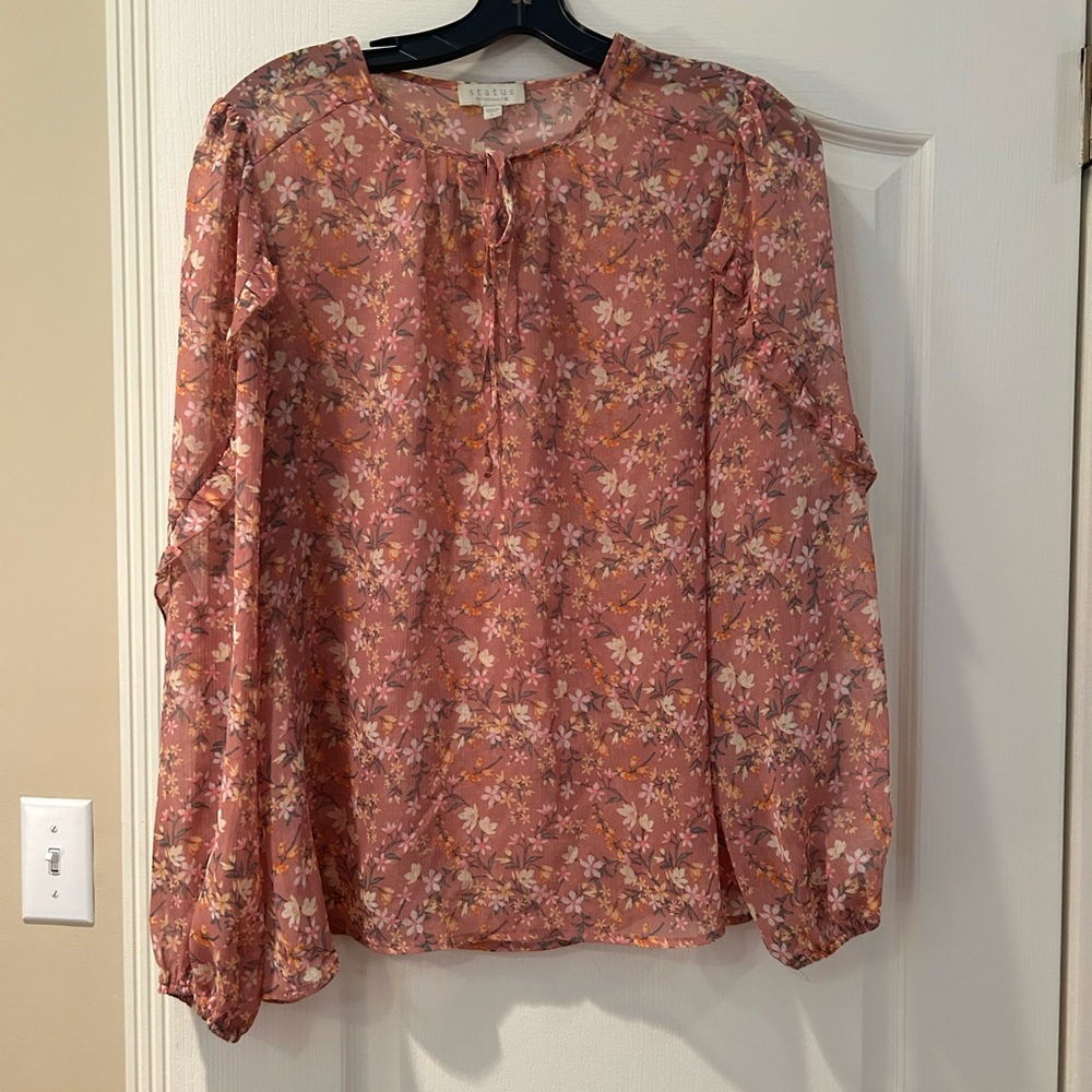Multicolored Long Sleeve Tie Front Blouse